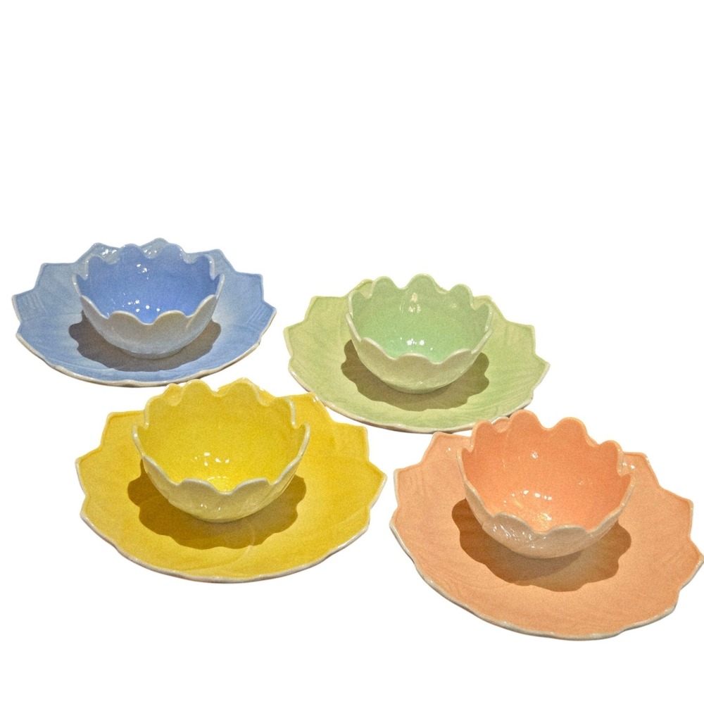 Vtg Anchor Hocking Lotus Flower Bowl + Saucer 4 Sets Pastel Ceramic Garden Party